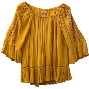 Fever Blouse Boho Embroidery Mustard Yellow WM SZ M Ruffle Flirty 🥰